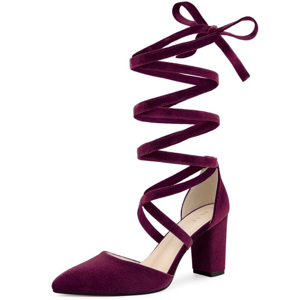 Velvet Lace Up Chunky Heels Pointed Toe Pumps Burgundy